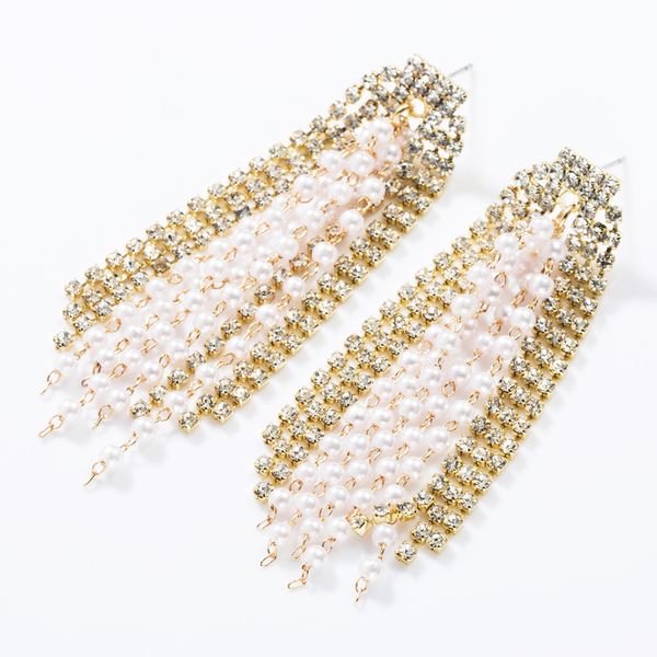 

fashion niche rhinestone imitation pearl tassel earrings female personalized earrings simple all-match earrings, Golden