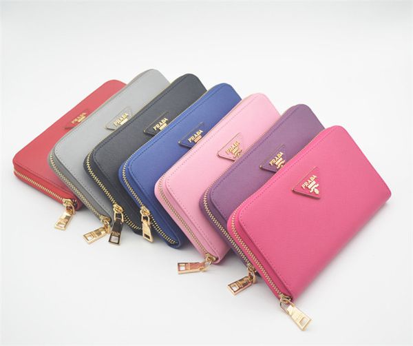 

fashion designer long zipper purse for women luxurious hand bag purse leather pra̴da multiple credit card bag wallet, White