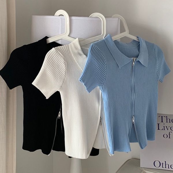 

double-headed thin short-sleeved tight knitwear women's korean style slimming short cardigan blue bm zipper zipper trendy, White;black