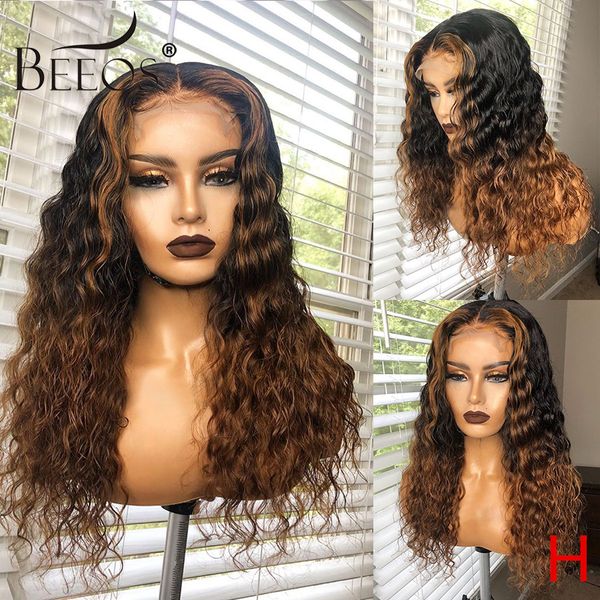 

beeos 180% 13*4 lace front human hair wig ombre colored curly wigs pre plucked with baby hair bleached knots brazilian remy hair, Black