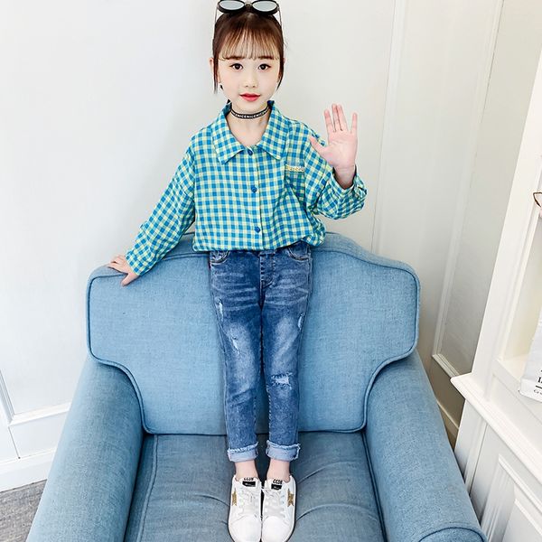 

girls autumn plaid 2020 new korean shirt children's medium and long plaid shirt, White;black