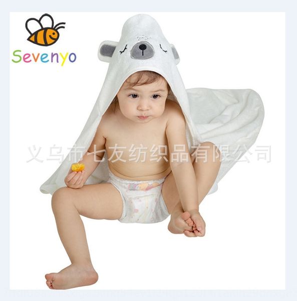 

bamboo fiber baby cartoon with cap children's bath towel solid color squinting bear bath towel