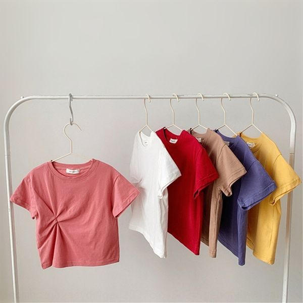 

2020 new fashion pleated children's t- girls short sleeve korean solid color baby children's t-shirt coat girl base shirt top, Blue
