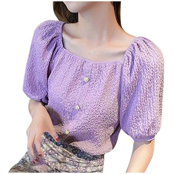 

puff sleeves summer women shirt v-neck button blouse button shirt chiffon slash collar blouse half sleeves girl #bl2, White