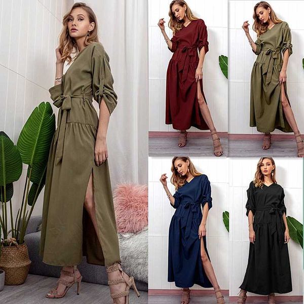 

sale women long shirt dress office ladies casual work elegant dresses v neck long sleeve side split blouse maxi dress d30, White;black