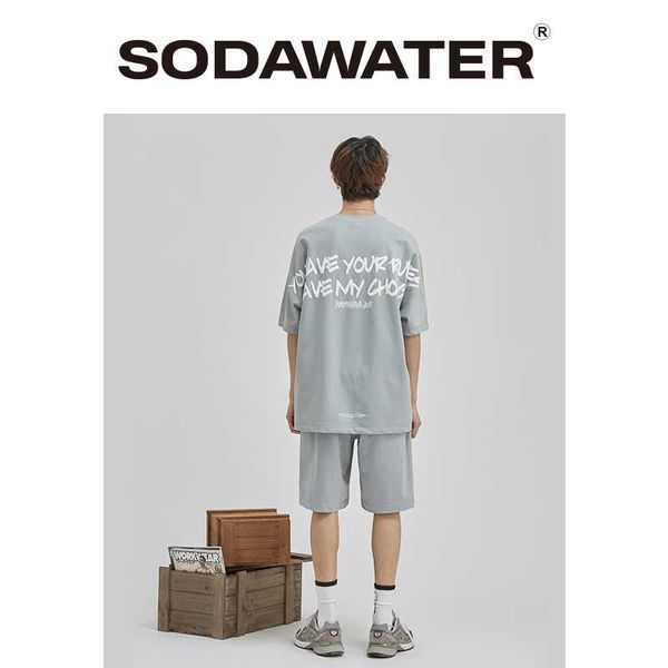 

sodawater men summer tracksuit oversized men hooded tee shirt elastic waist polyester summer cargo shorts with pockets, Gray