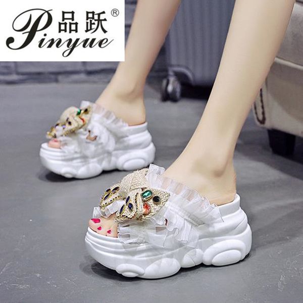 

butterfly-knotted slippers for summer fashion wear the new european station muffin thick-soled inner-height thick soles slippers, Black