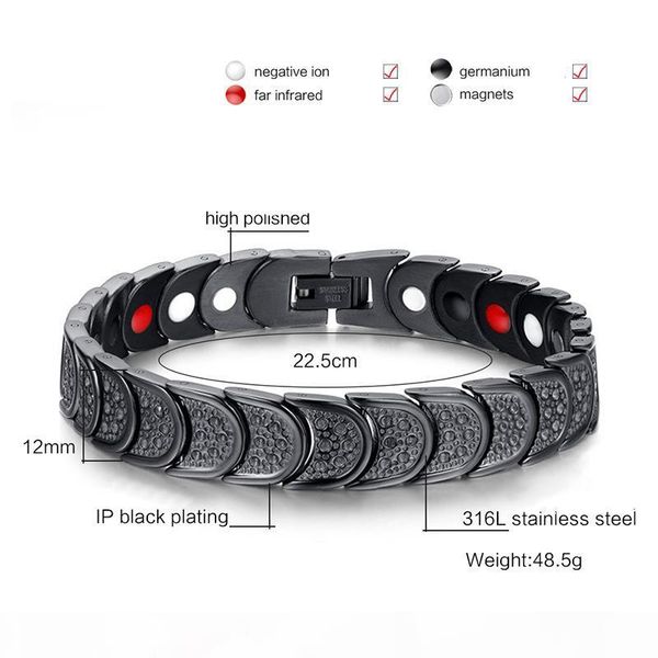 

316l stainless steel jewelry healing magnetic health care bangle fashion bio magnets bracelet men black cuff wristbands 22.5cm*1.2cm