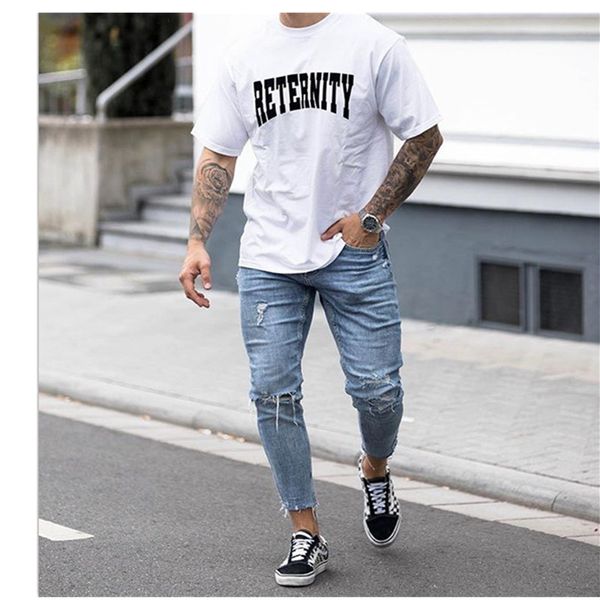

2020 new mens jeans fashion vintage denim pencil pants casual stretch trousers hole ripped jean pencil pants, Blue