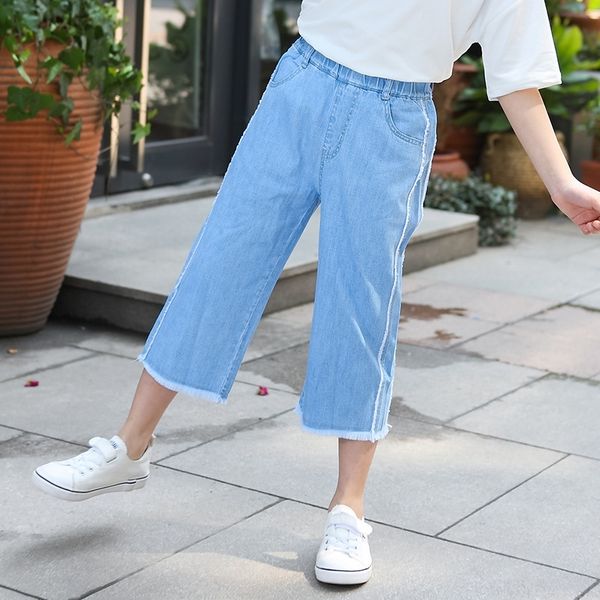 

epami girls' denim wide-leg summer 2020 new korean style medium and large children's wide leg crawler panty panty cropped thin pan, Blue
