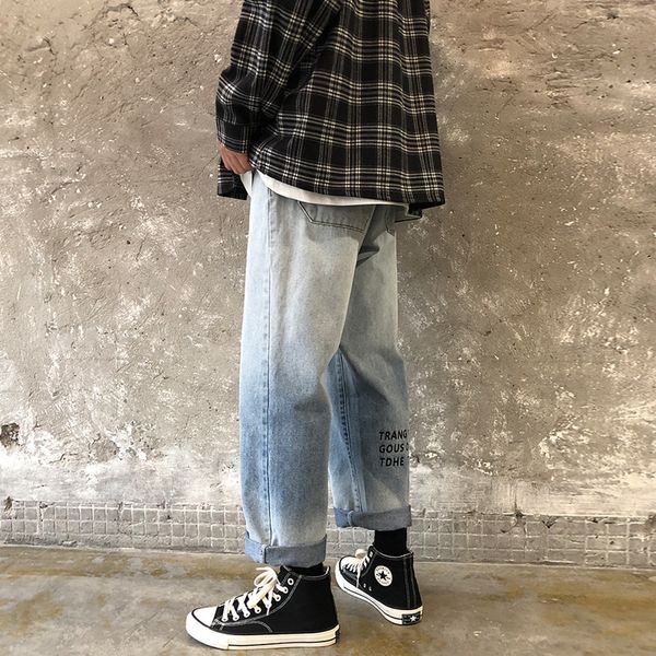 

студенческая осень письмо вышитого прямо и вышитые джинсы джинсов мужской рыхлой бф похудение папа брюки пара моды, Blue