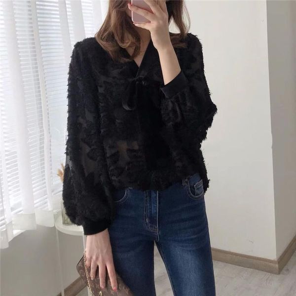 

women shirt heavy flocking floral vintage elegant v-neck light transparent lantern sleeve shirt, White