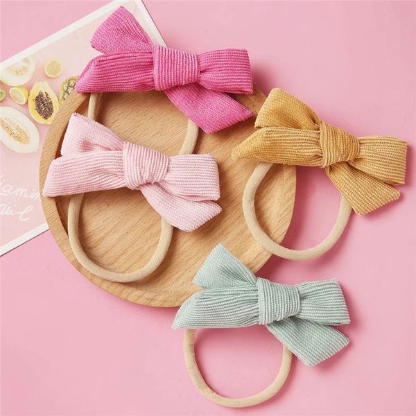 

1pcs corduroy bow headband for babys lovely bowknot elastic nylon headands solid headwear head band babys hair accessories, Slivery;white