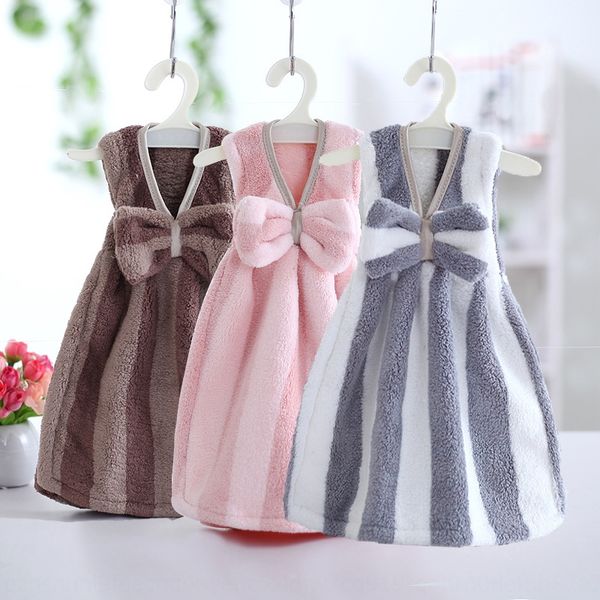 

cute small skirt thickened household absorbent hanging striped coral fleece hand towel towel cloth, Blue;white