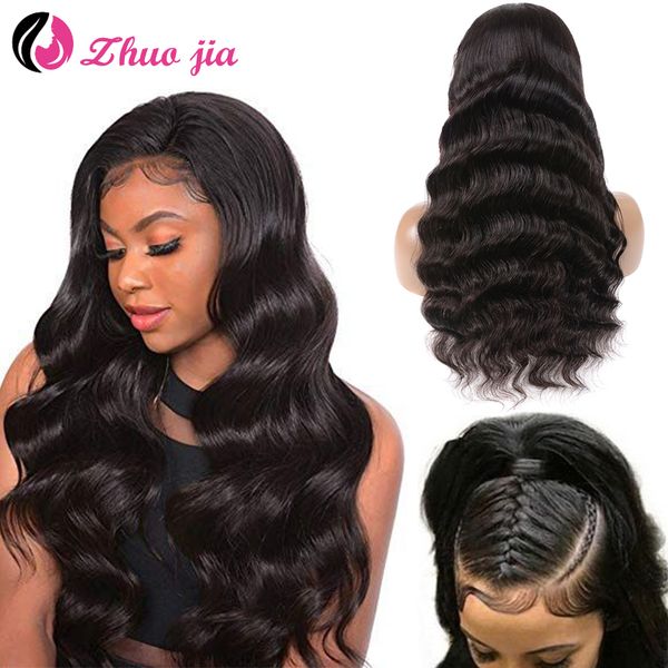 

zhuo jia loose deep wave hd transparent lace wigs 360 lace frontal wig pre plucked 13x6 lace front human hair wigs for women, Black