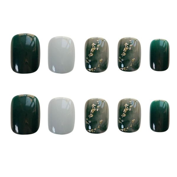 

false nails 24 pcs green jade finished fake nails square short full cover goldleaf marble artificial nail set with glue stickers, Red;gold