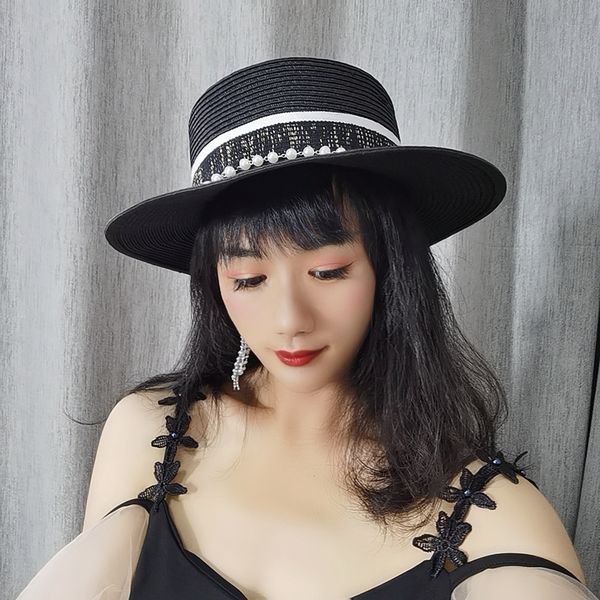 

summer bask in new flat straw hat gift hat han edition style black elegant european travel boom sunhats, Blue;gray