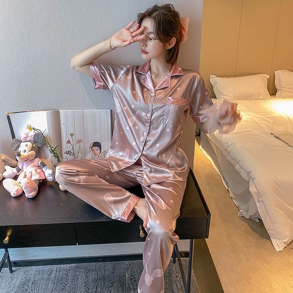

icydv ice pajamas women's summer home clothes simulated silk short-sleeved two-piece set simulation silk spring and autumn cute home cl, Blue;red