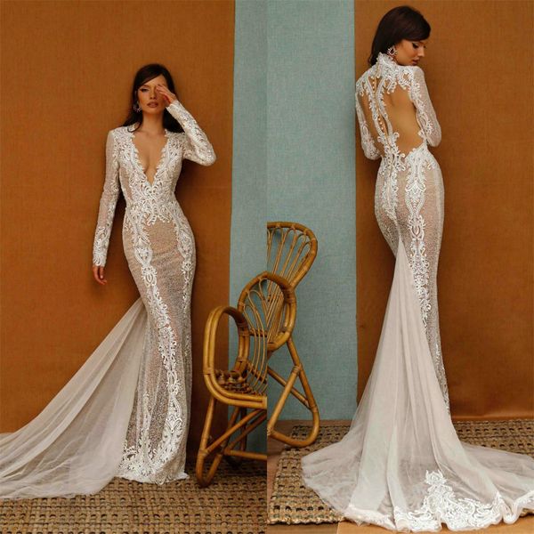 

beach wedding dresses v-neck long sleeve bridal gowns illusion mermaid sweeptrain custom made lace applique robes de mariÃ©e, White