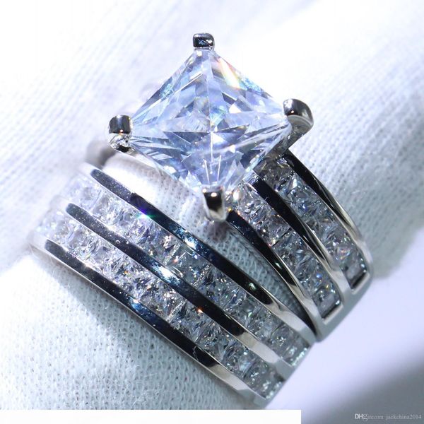 

r victoria sparkling couple rings luxury jewelry 925 silver princess cut 5a clear zirconia cz diamond promise wedding bridal ring set g, Slivery;golden