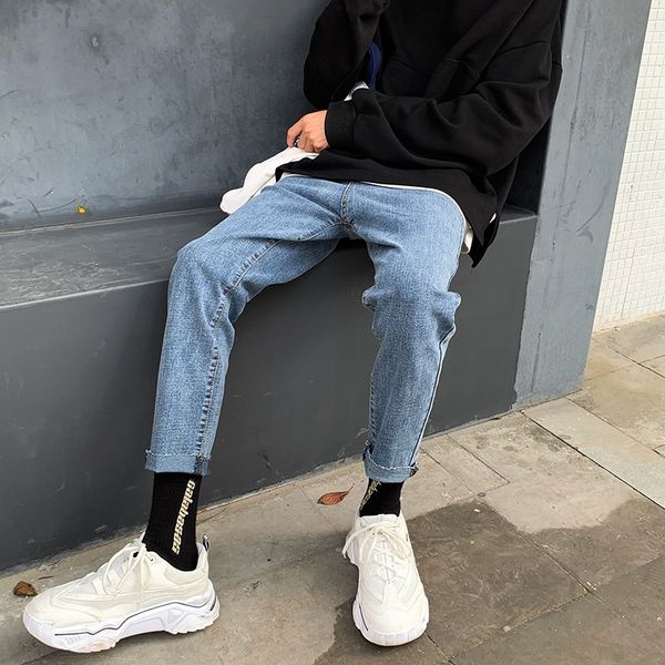 

2020 new black and blue men's jeans korean style pants with long burrs jeans and jeanswoolen pants jeans802