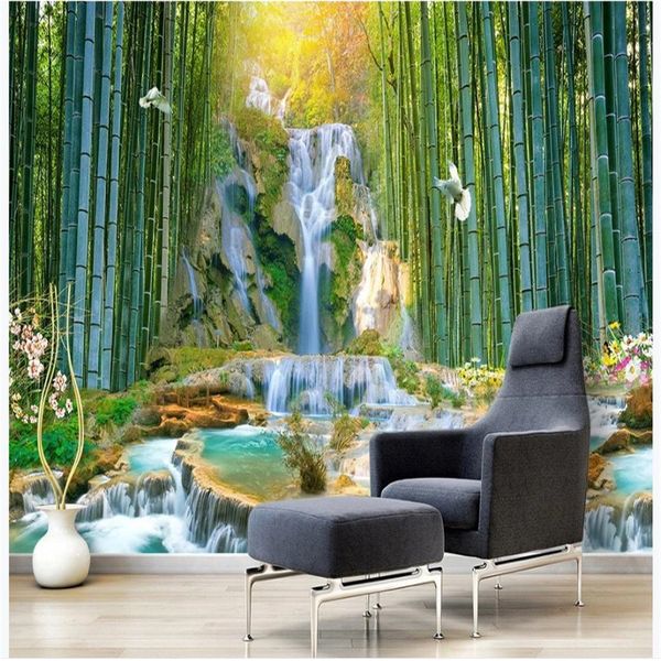schöne Landschaft Tapeten Bambuswald Wasserfall Tapeten Flowing Water Park 3D-Landschaft-Hintergrund-Wand