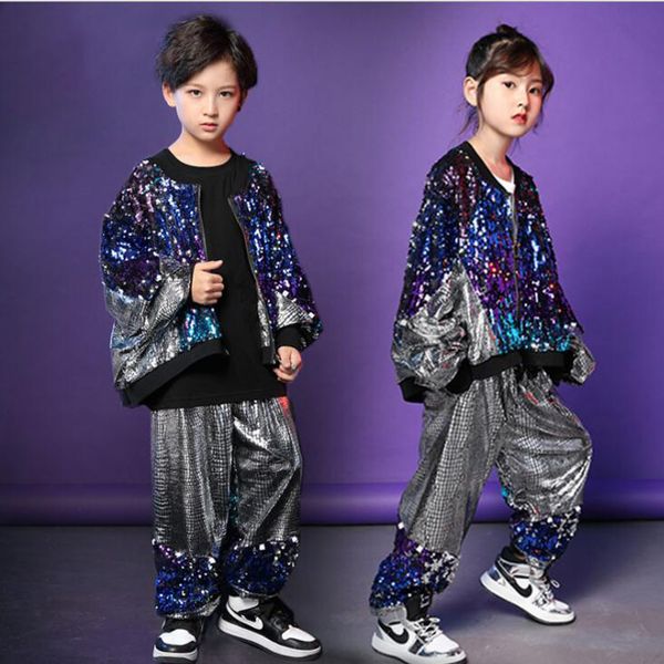 

kids carnival hip hop dance outfits girls boys sequined jazz dance wear costumes set hoodie pants close performance outfits, Black;red