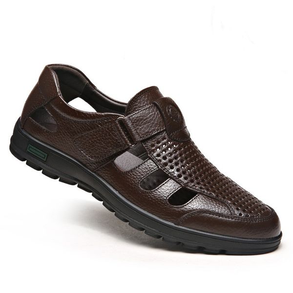 

sandals men's leather hollow out shoes summer man casual sandal, Black