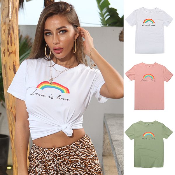 

women rainbow print fashion loose shirts solid oversize s-2xl short sleeve tee summer casual vogue t-shirts camuss mujer, White
