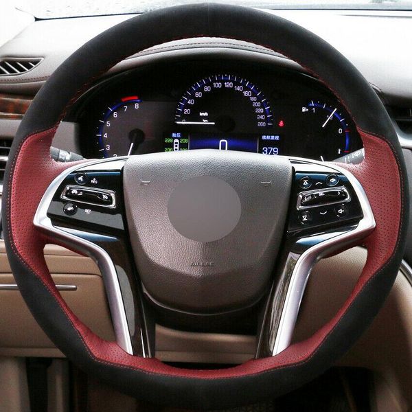 

hand-stitched car steering wheel cover wine red leather for cadillac srx 2013-15