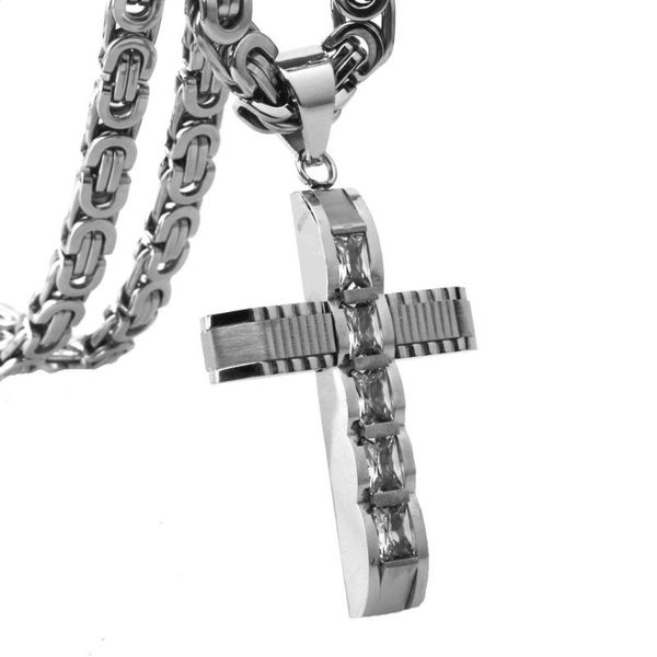 

polished cross pendant necklace for men women stainless steel silver color gold black color with 6mm byzantine chain jewelry