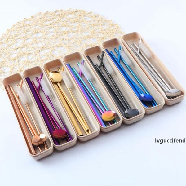 

304 stainless steel straw set portable straw spoon with cleaning brush and wheat box metal drinking straws sets zza1950