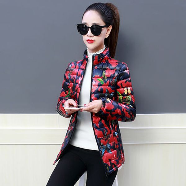 

autumn winter middle aged women casual jacket fashion slim padded pocket parkas full sleeve zipper high street printed coat w425, Black