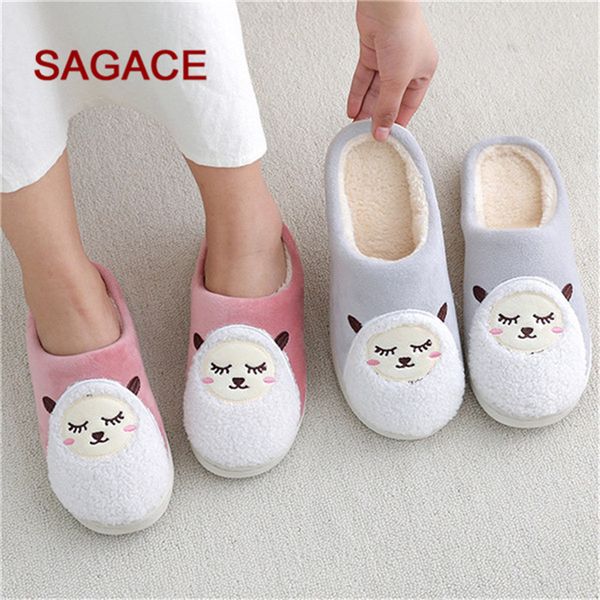 

sagace cartoon pattern couple home slippers snow flock shoes winter short plush slip-on cute shoes women men zapatillas w#4, Black