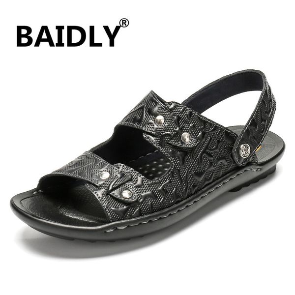 

new summer men sandals leisure beach men casual shoes genuine leather men's sandals buckle mens roman slides slippers, Black