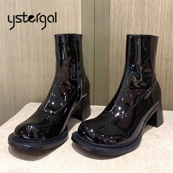 

ystergal patent leather women ankle boots designer chunky high heel autumn shoes woman short booties big round toe botas mujer, Black