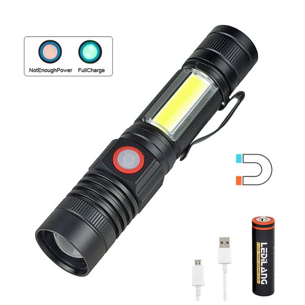 

flashlights torches usb rechargeable led t6+cob torch 4 lighting mode zoom rear magnet for maintenance camping use 18650 battery
