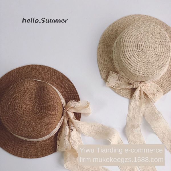 

tianding travel all-match children's lace bow lace straw straw flat big edge baby sun hat sun hat, Blue;gray