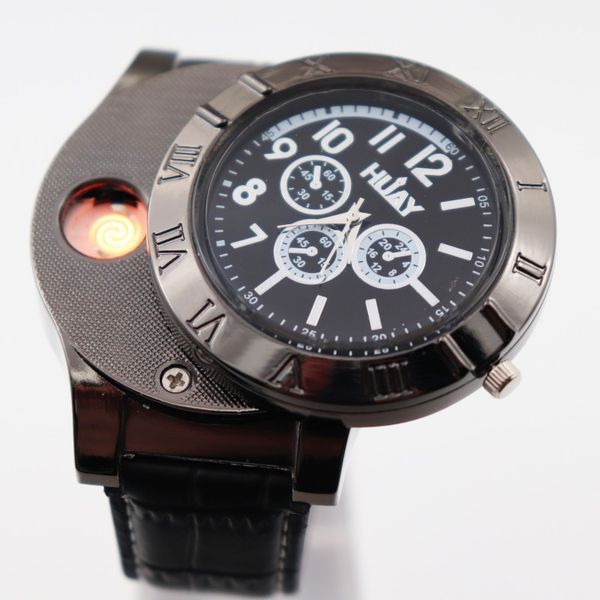 

lighter watch men's usb charging quartz watches sports watch windproof flameless cigarette lighter f665l leather 1pcs, Slivery;brown