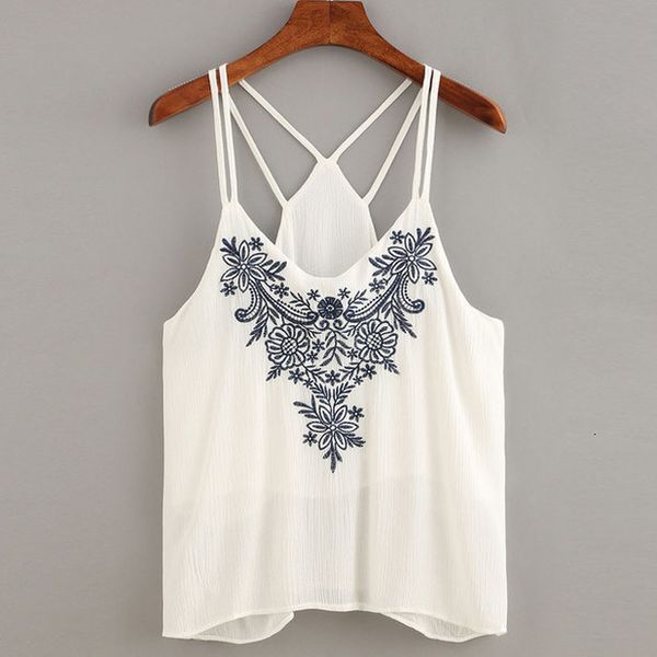 

backless halter cami crop women fashion flower embroidered shirts ladies sleeveless strappy summer cute girls polyester yl, White