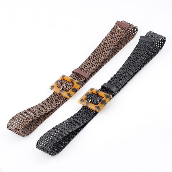 

2020 high fashion square buckle linen braided elastic wide belt women men woven belt summer dress jeans stripe waistband gifts, Black;brown