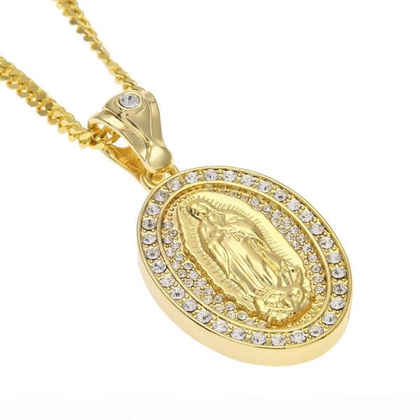 

oval virgin mary pendant mens hip hop alloy bling rhinestone crystal gold silver color pendant necklace cuban chain rapper punk jewelry