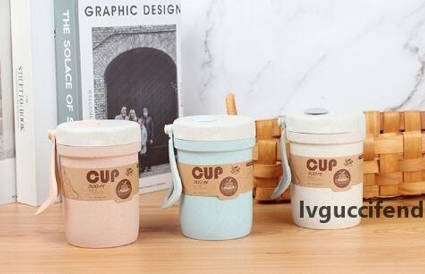 

50pcs/lot wheat straw coffee cup mugs microwavable bouillon cup breakfast cups beer glasses with lid and spoon portable water bottle