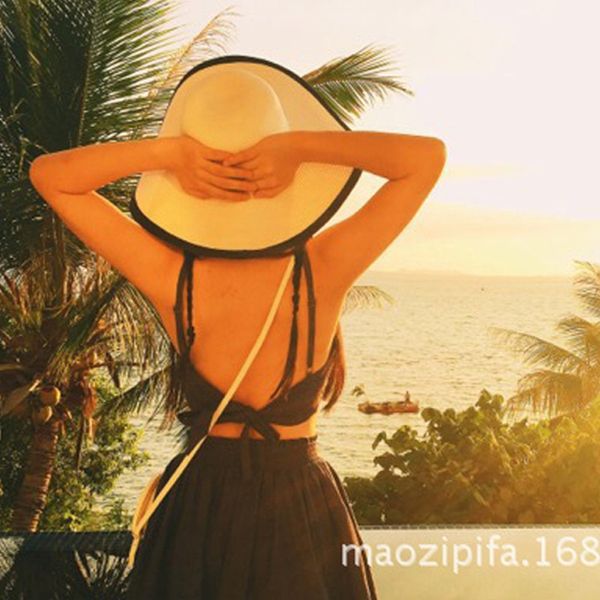 

hepburn fashion black and white stitching fashion straw beach holiday straw cap tide cap big brim hat children's tide hat, Blue;gray