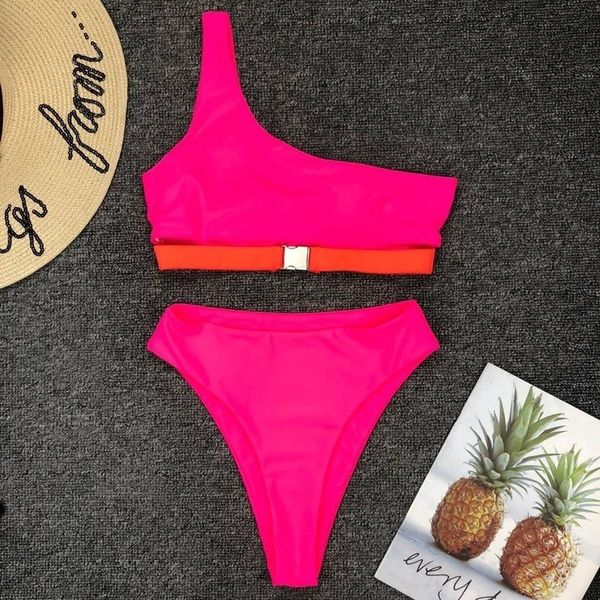

vintage high waist bikini 2020 neon pink one shoulder solid push up bather brazilian bathing suit buckle biquini, White;black