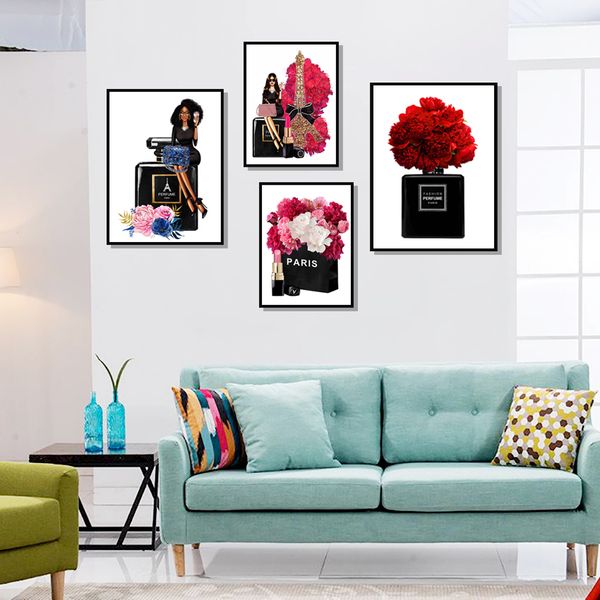 

fashion perfume paris tower flower lipstick wall art canvas painting nordic poster and prints wall picture for living room decor