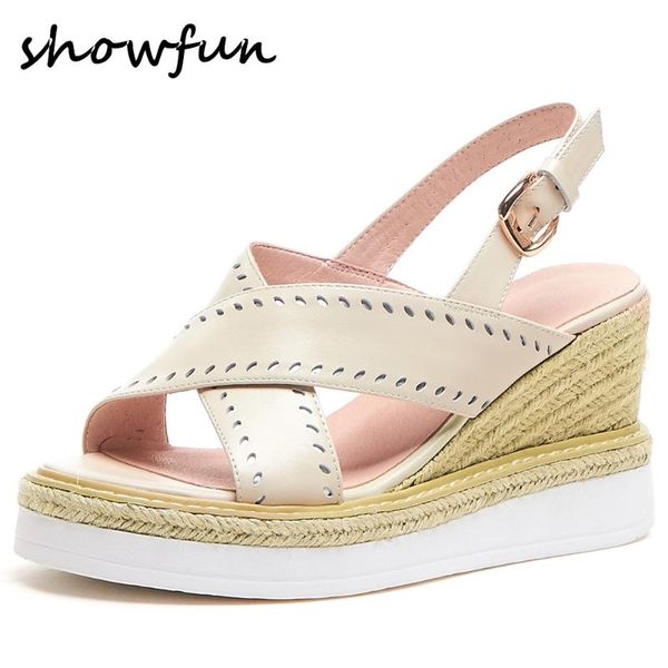 

women's genuine leather cross strap band wedge platform high heel sandals hollow-out open toe summer bohemia style dress shoes, Black