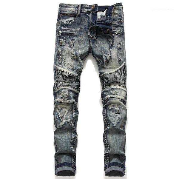 

biker jeans hole skinny hight waist pencil pants panelled fashion casual male clothing mens 2020 designer, Blue