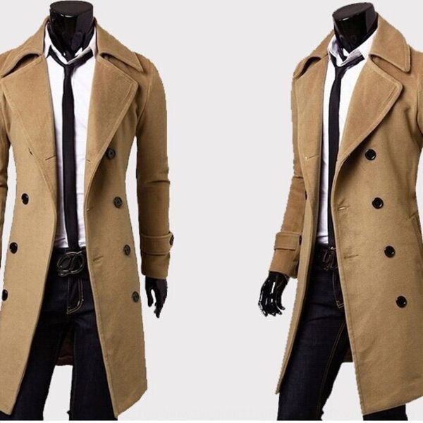 

2019 зимняя мода средней длины двубортный траншею ветровка шерстяное пальто моды случайные тонкие мужские пальто, Tan;black
