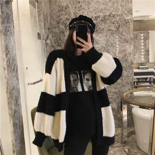 

2020 coat sweater season new trend simple coarse stripe imitation mink cashmere cardigan sweater coat for women f4838, White;black